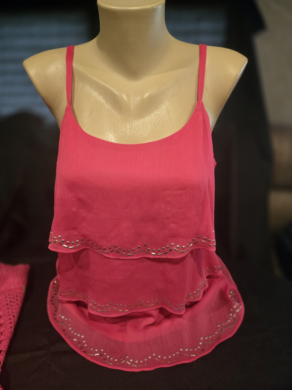 Bright Pink Tiered Camisole with Scalloped Laser-Cut Trim